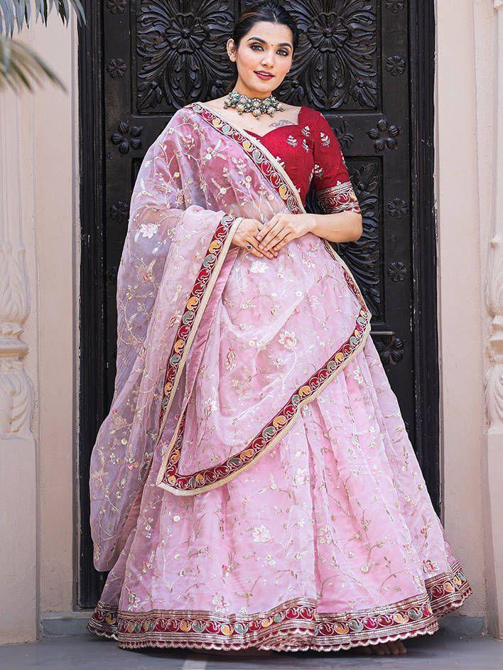 Fabulous Light Pink Thread Embroidery | Organza Lehenga With Red Choli Fashionable