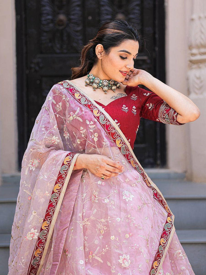 Fabulous Light Pink Thread Embroidery | Organza Lehenga With Red Choli Fashionable