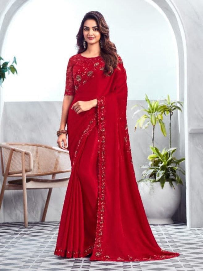 Timeless Red Velvet Chiffon Silk Saree | Indian Sadi for Special Occasions
