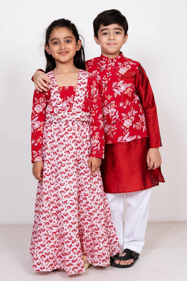 Maroon & White Floral Rubta Lehenga With Matching Kurta & Pyjama for Brother-Sister Duo