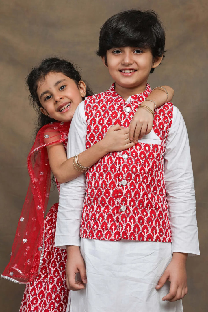 Ethnic Embroidered Twin Set for Brothers and Sisters in Fuchsia and White