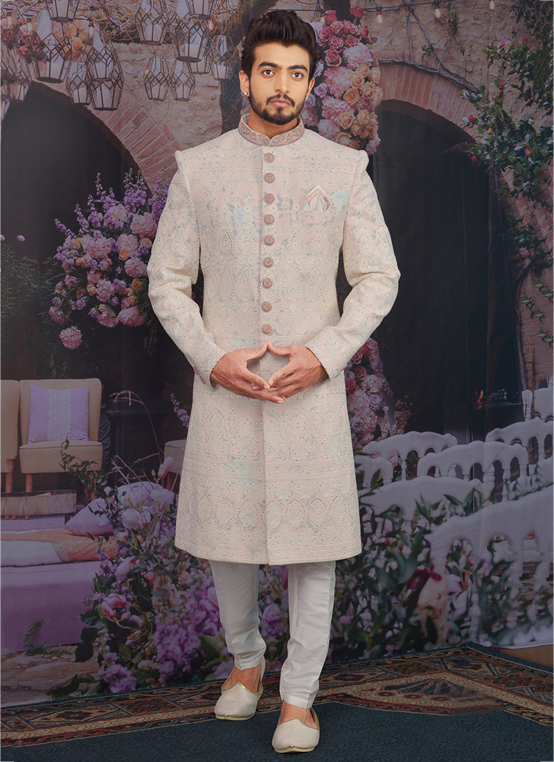 Light Peach Georgette Sherwani for Men | Elegant Wedding & Festive Attire