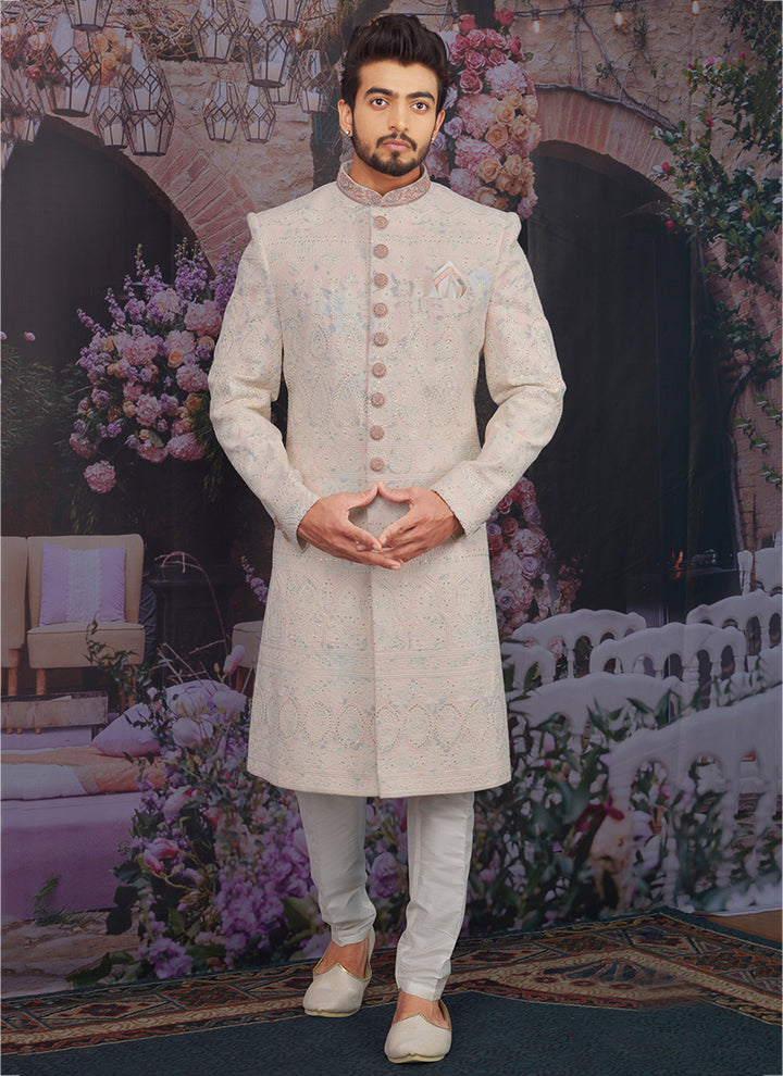 Light Peach Georgette Sherwani for Men | Elegant Wedding & Festive Attire