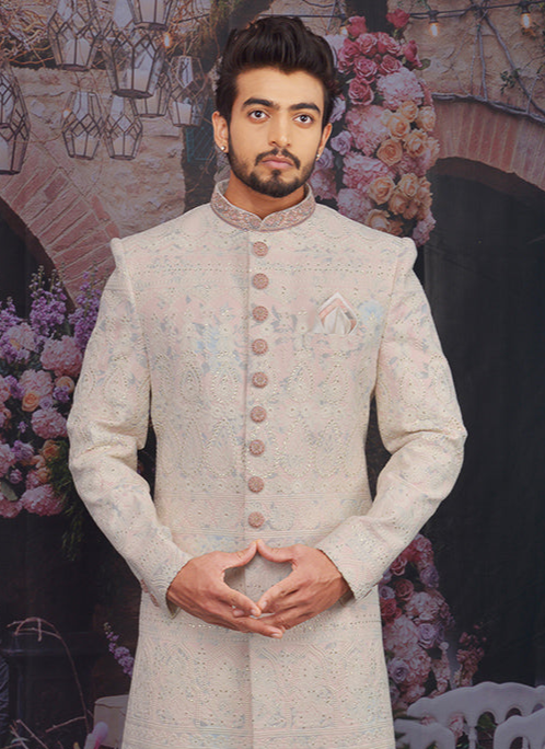 Light Peach Georgette Sherwani for Men | Elegant Wedding & Festive Attire