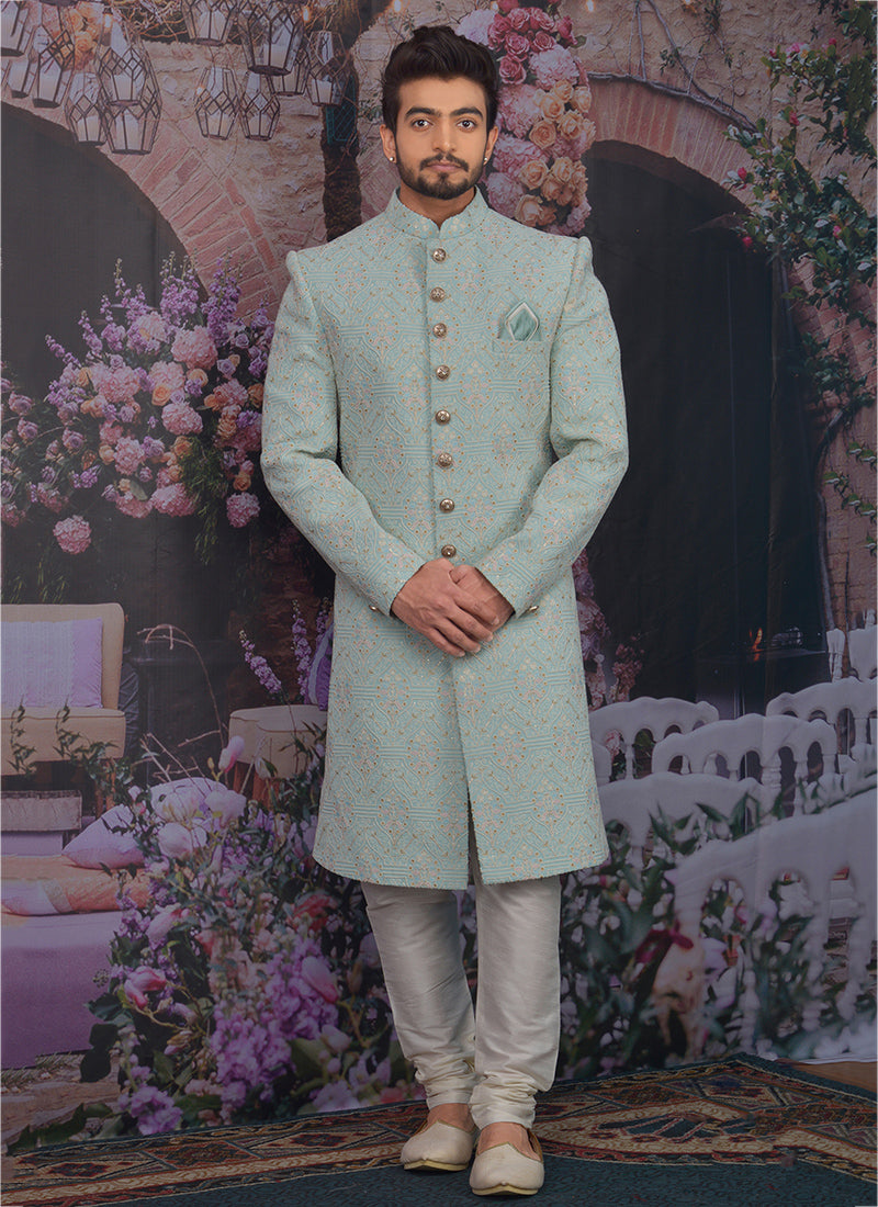 Light Blue Georgette Sherwani | Elegant Wedding & Festive Wear for Men