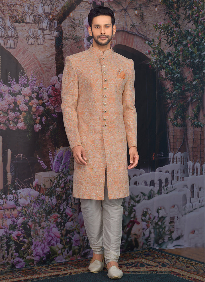 Peach Sherwani | Stylish Georgette Sherwani with Churidar Wedding Wear