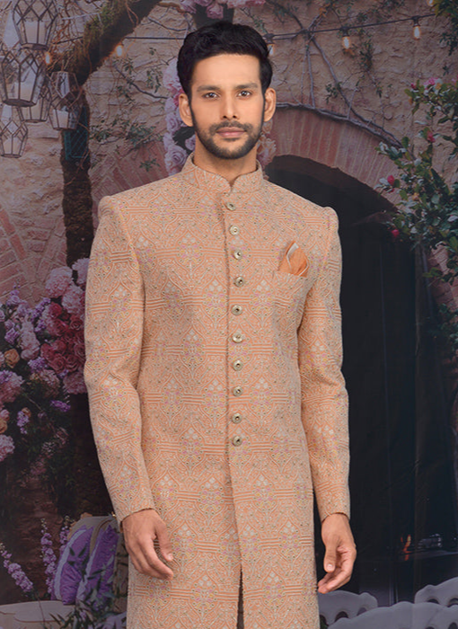 Peach Sherwani | Stylish Georgette Sherwani with Churidar Wedding Wear