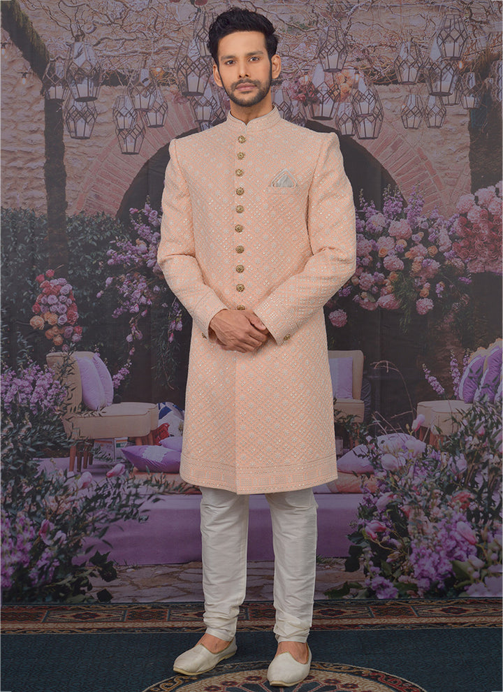 Peach Georgette Wedding Sherwani | Elegant Pattern Work for Weddings & Events