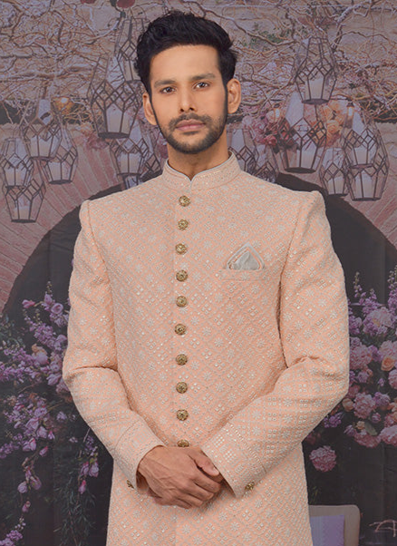 Peach Georgette Wedding Sherwani | Elegant Pattern Work for Weddings & Events