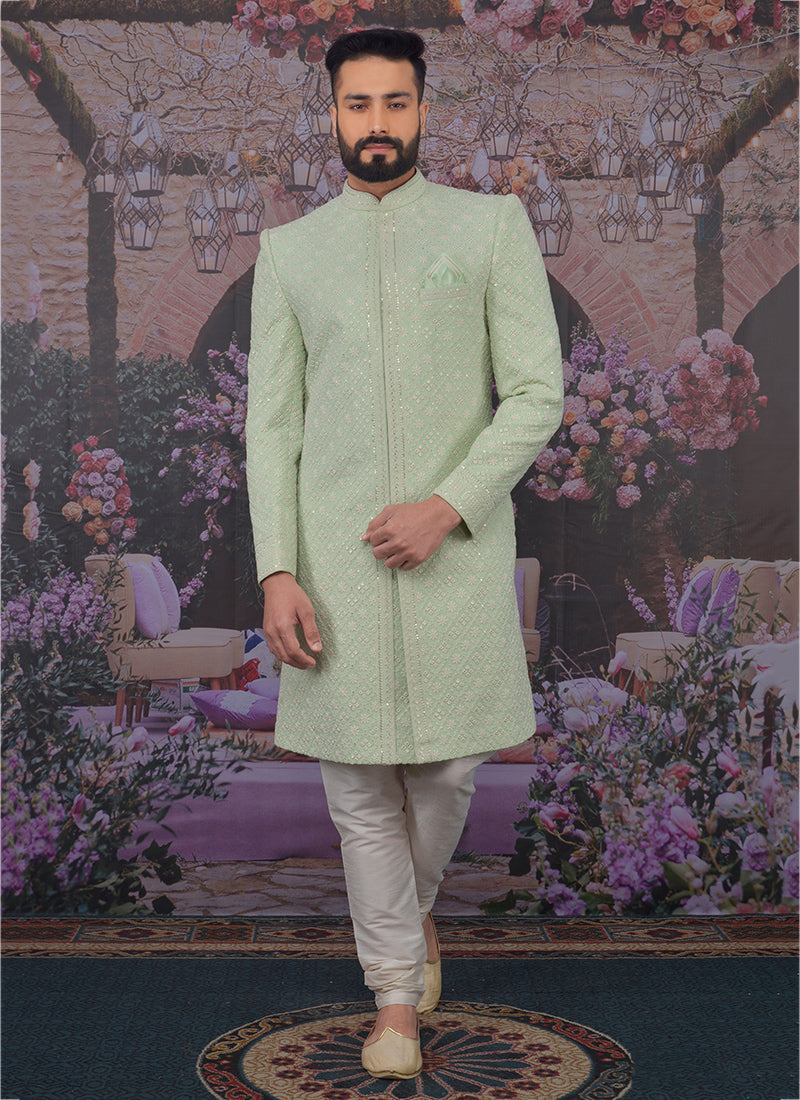 Stylish Pista Green Georgette Sherwani | Perfect Ethnic Attire for Weddings