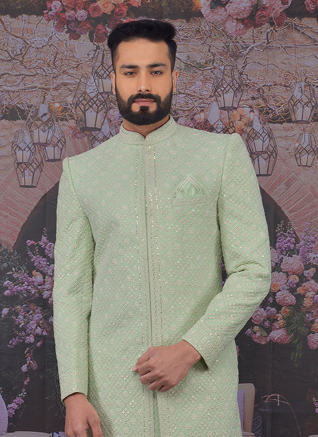 Stylish Pista Green Georgette Sherwani | Perfect Ethnic Attire for Weddings