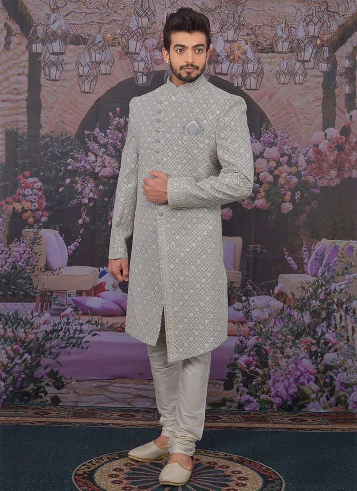Stylish Light Gray Georgette Sherwani | Perfect Wedding Outfit for Men
