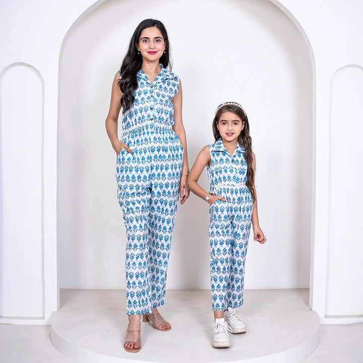 Stylish Matching Summer Wear: White and Teal Printed Cotton Jumpsuit for Mom and Daughter