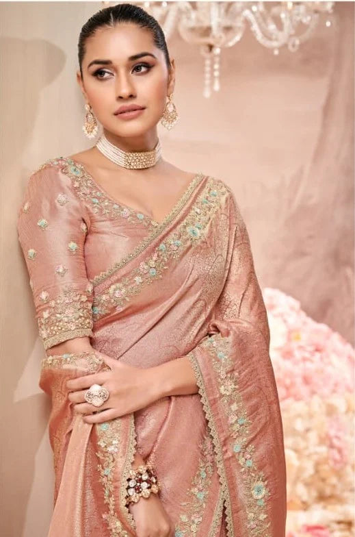 Handcrafted Banarasi Saree with Rich Embroidery & Pearl Work