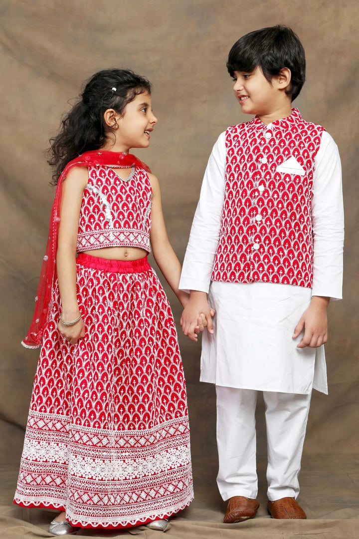 Ethnic Embroidered Twin Set for Brothers and Sisters in Fuchsia and White