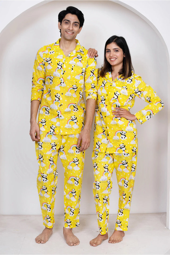 Lemony Yellow and White Floral Printed Night Suit Set For Couple