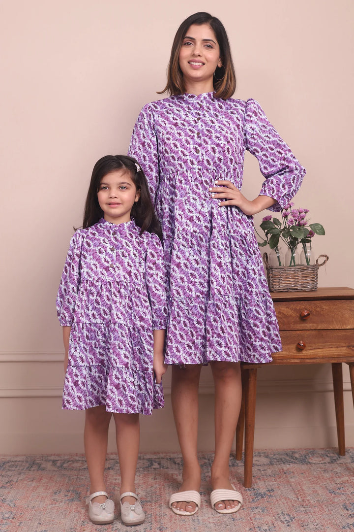 Twin Style Statements: Purple Cotton Collar Dresses for Mom and Daughter