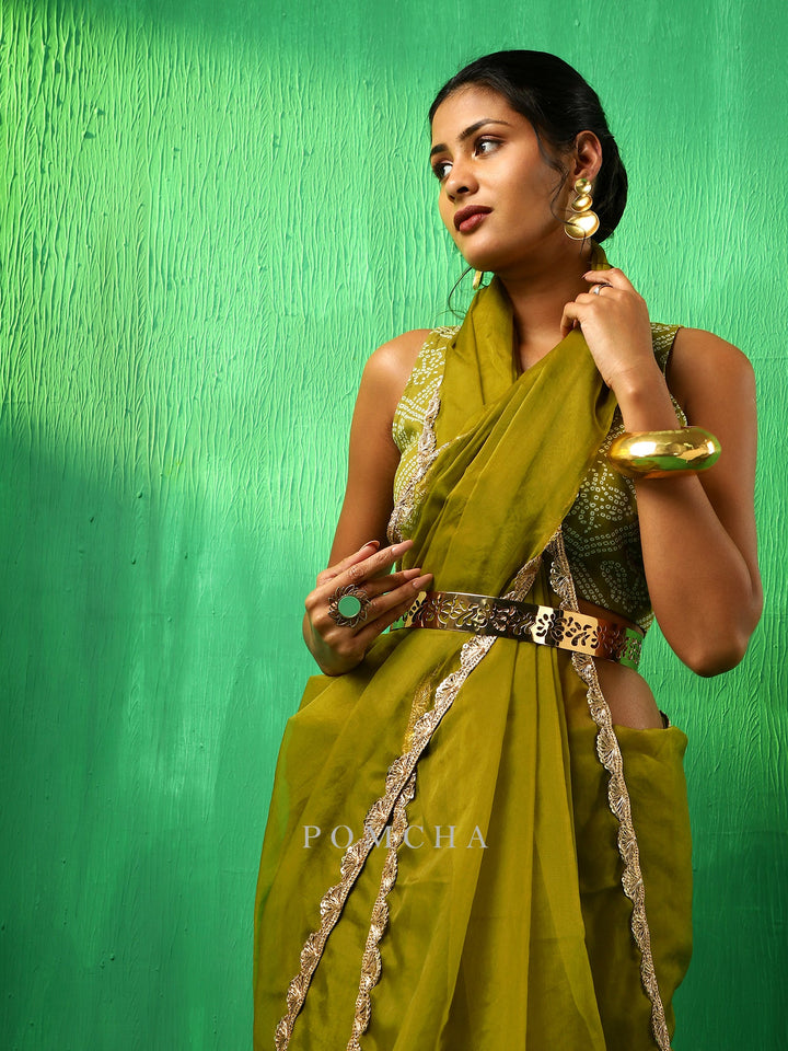 Exquisite Adaa Mehendi Green Organza Saree | Soft Cotton Blouse Pair