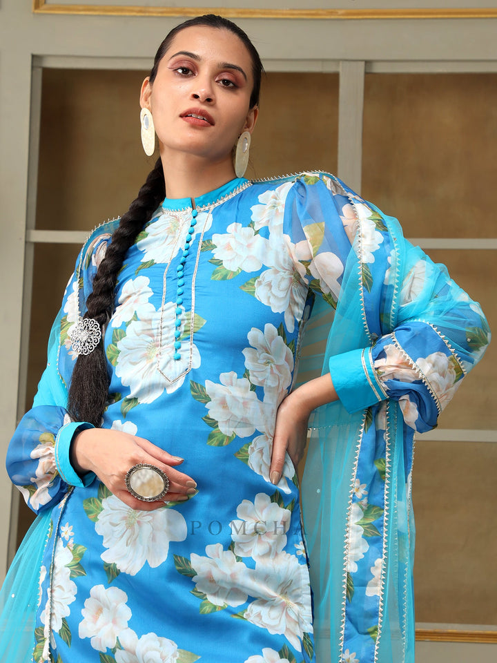 Blue Straight Salwar Suit Set | Organza Kurta Cotton Pants & Soft Net Dupatta