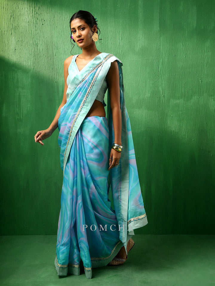Adaa blue marble | print organza saree style statement