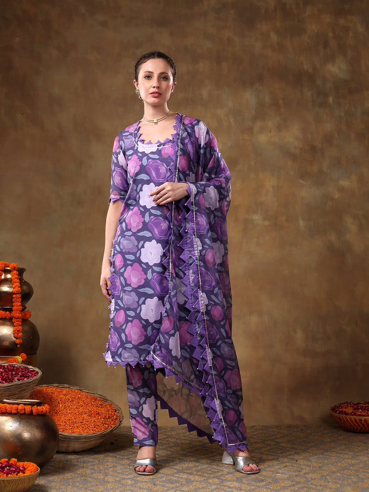 Meraki gulbano purple floral print | muslin kurta set with organza dupatta luxury wear