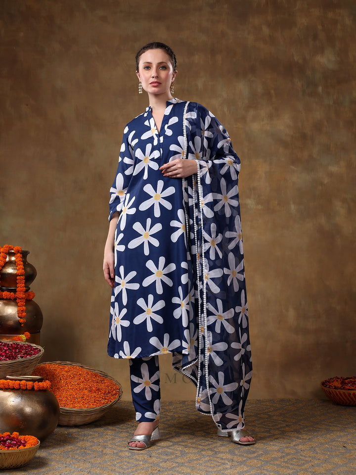 Meraki white flower Navy blue muslin | kurta set with organza dupatta fashionable