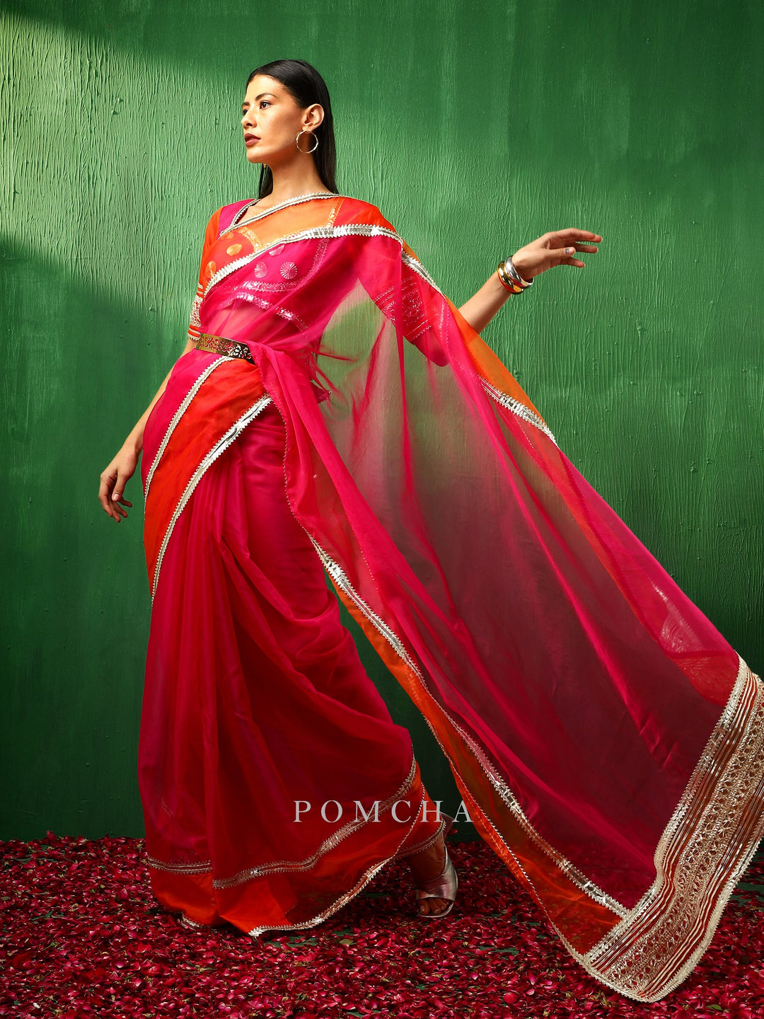 Adaa Orange Pink Double Shade Organza Saree | Stylish Silk Blouse