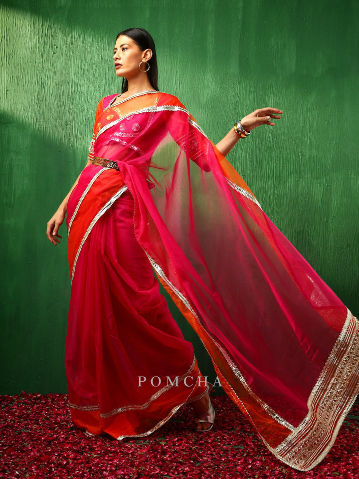 Adaa Orange Pink Double Shade Organza Saree | Stylish Silk Blouse
