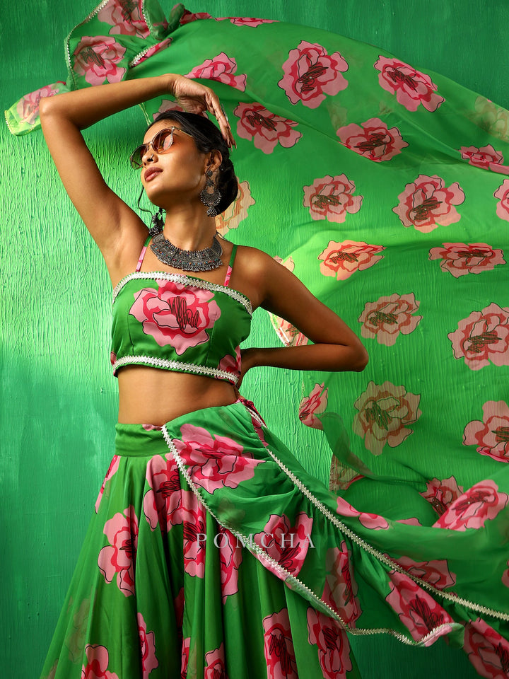Adaa green carnation organza frill | lehenga with organza dupatta set signature design