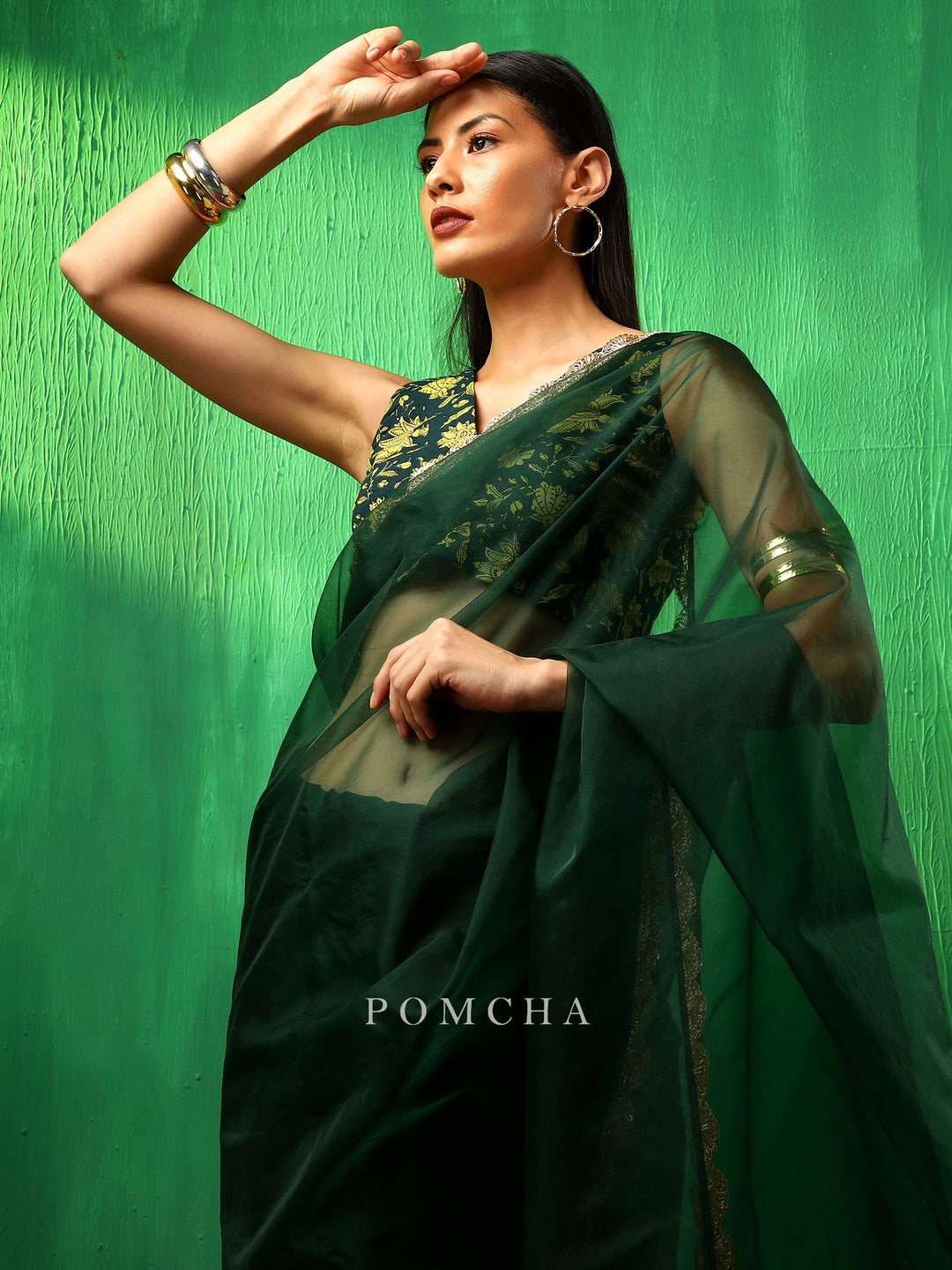 Adaa LuxuryIdika Bottle Green Organza Saree | Premium Cotton Blouse