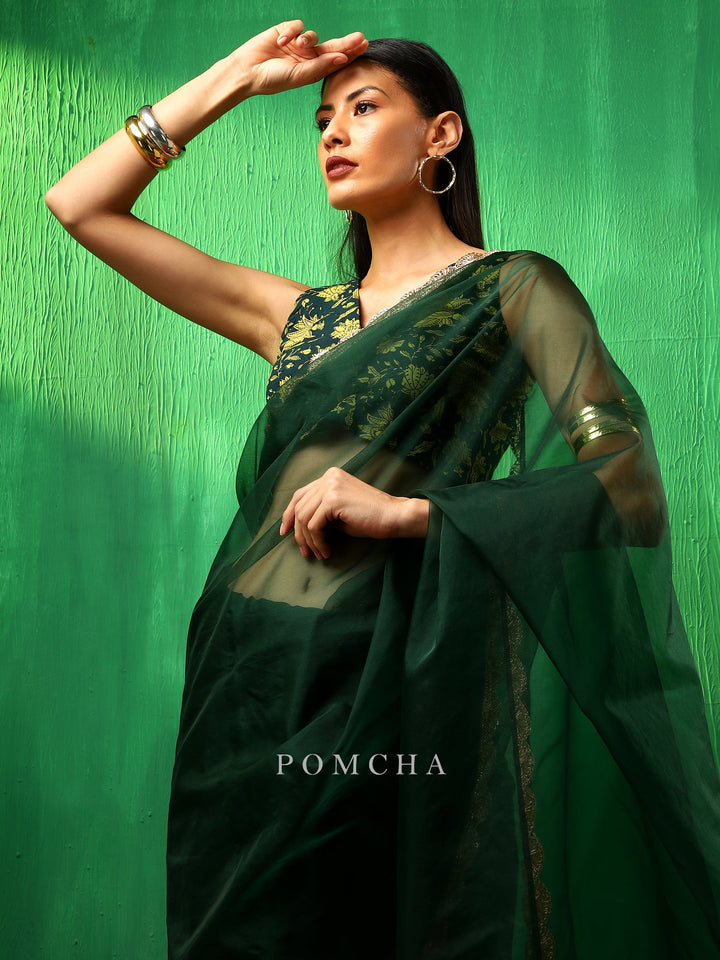 Adaa LuxuryIdika Bottle Green Organza Saree | Premium Cotton Blouse