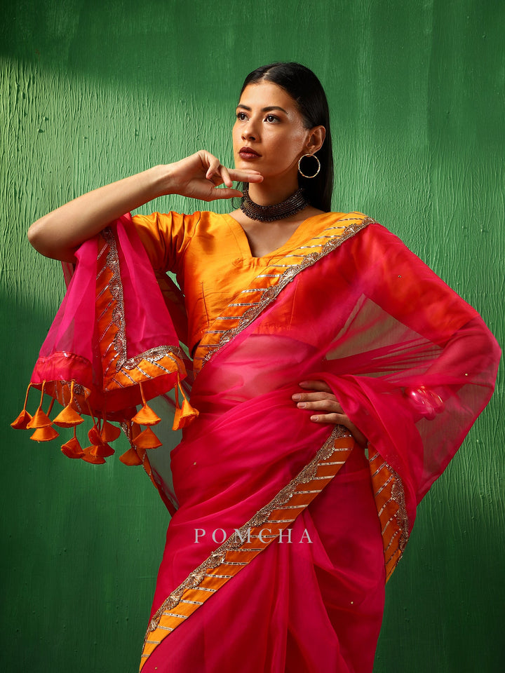 Adaa Graceful Pink Organza Saree | Unique Signature Design with Taffeta Blouse