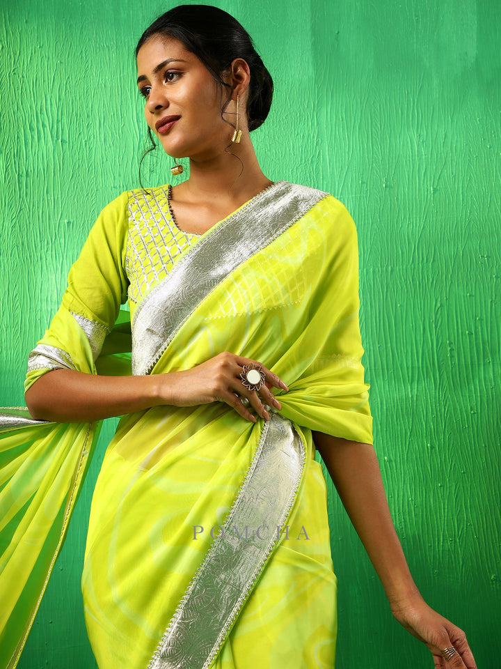 Adaa Bright Green Organza Saree | Classic Cotton Blouse Style