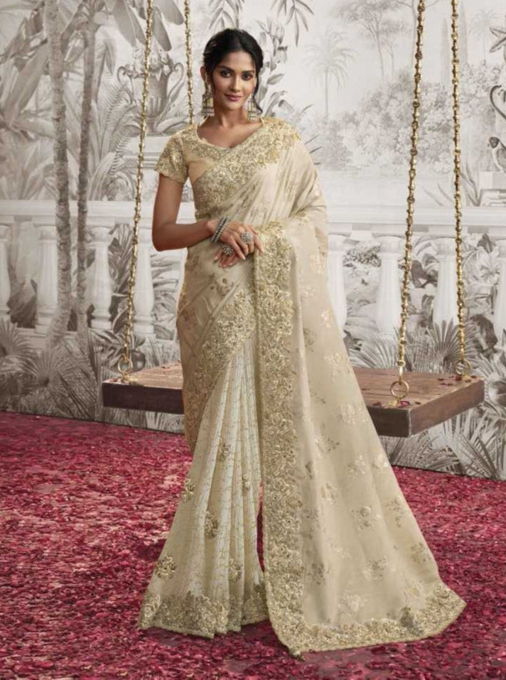 Gorgeous Off White Crush Georgette Saree | Zari Embroidery & Latkan Detail