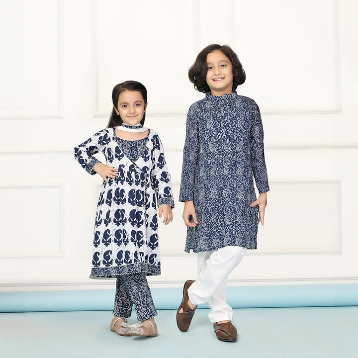 Navy and White Indigo Print Twin Suit Set with Coordinated Kurta Pyjamas - Perfect Sibling Outfits for Brothers and Sister