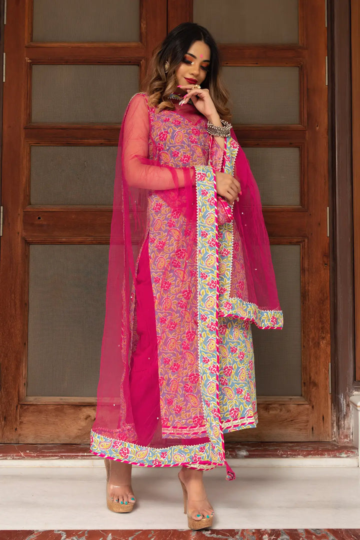 Jaipuri Straight Cotton Salwar Suit Set | Hand Block Print & Net Dupatta