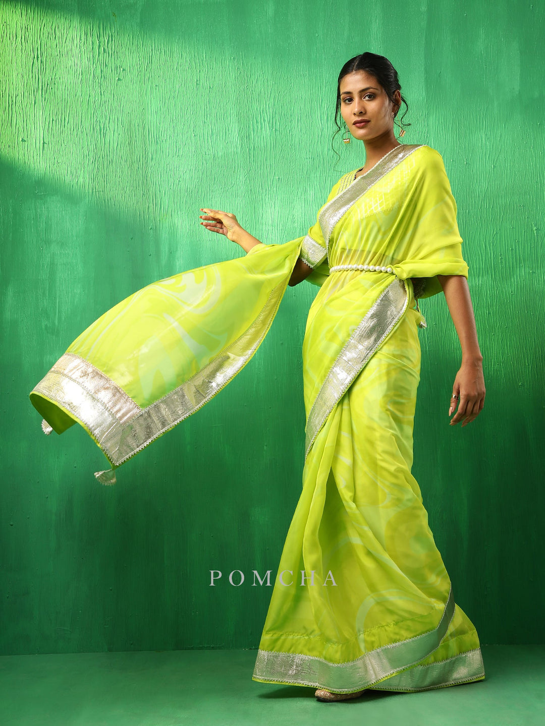Adaa Bright Green Organza Saree | Classic Cotton Blouse Style