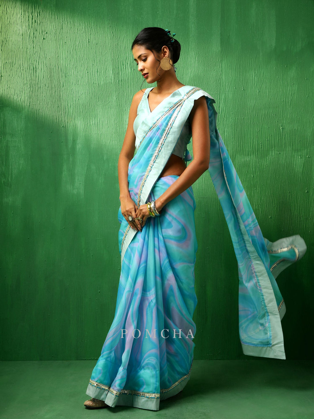 Adaa blue marble | print organza saree style statement