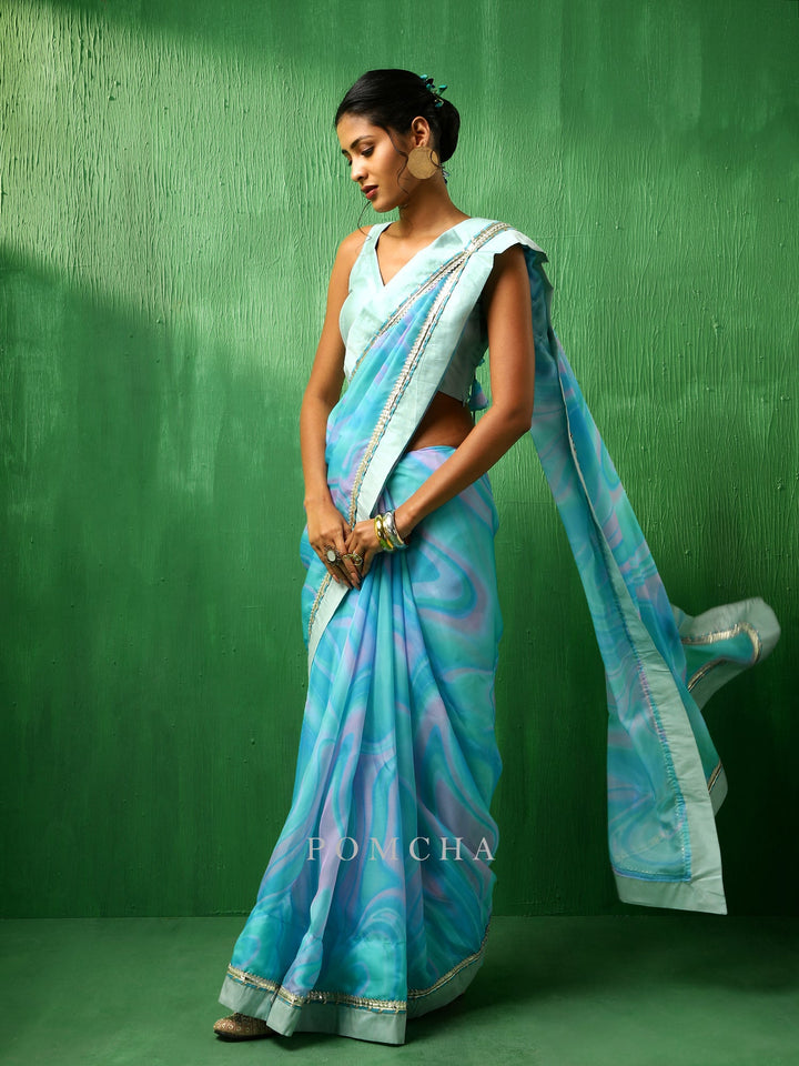 Adaa blue marble | print organza saree style statement