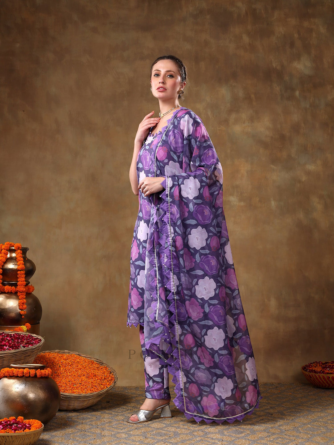 Meraki gulbano purple floral print | muslin kurta set with organza dupatta luxury wear