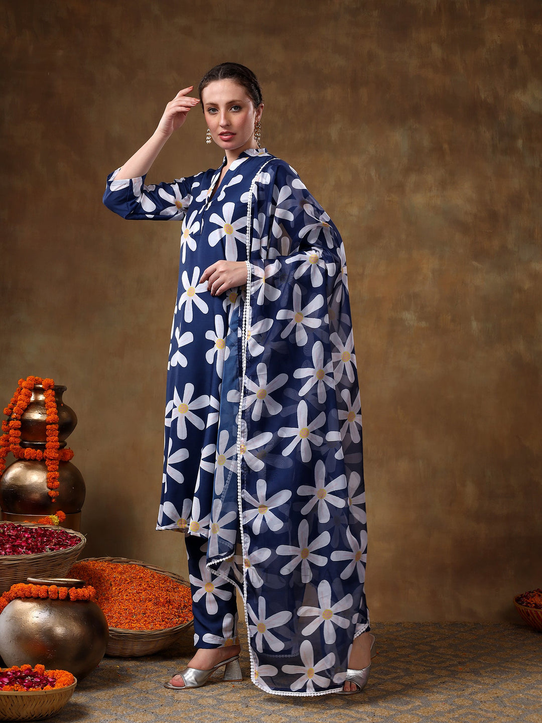 Meraki white flower Navy blue muslin | kurta set with organza dupatta fashionable