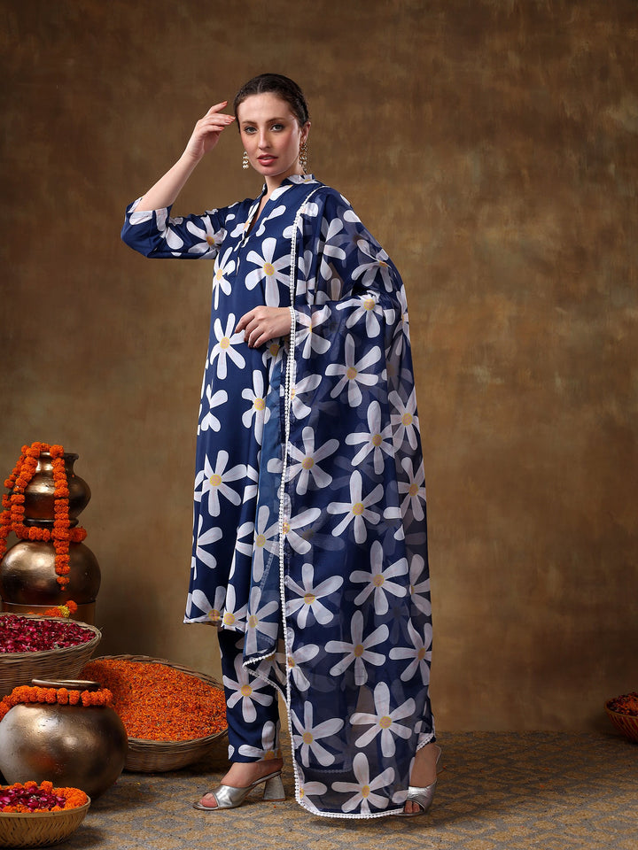 Meraki white flower Navy blue muslin | kurta set with organza dupatta fashionable