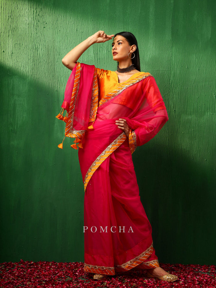 Adaa Graceful Pink Organza Saree | Unique Signature Design with Taffeta Blouse