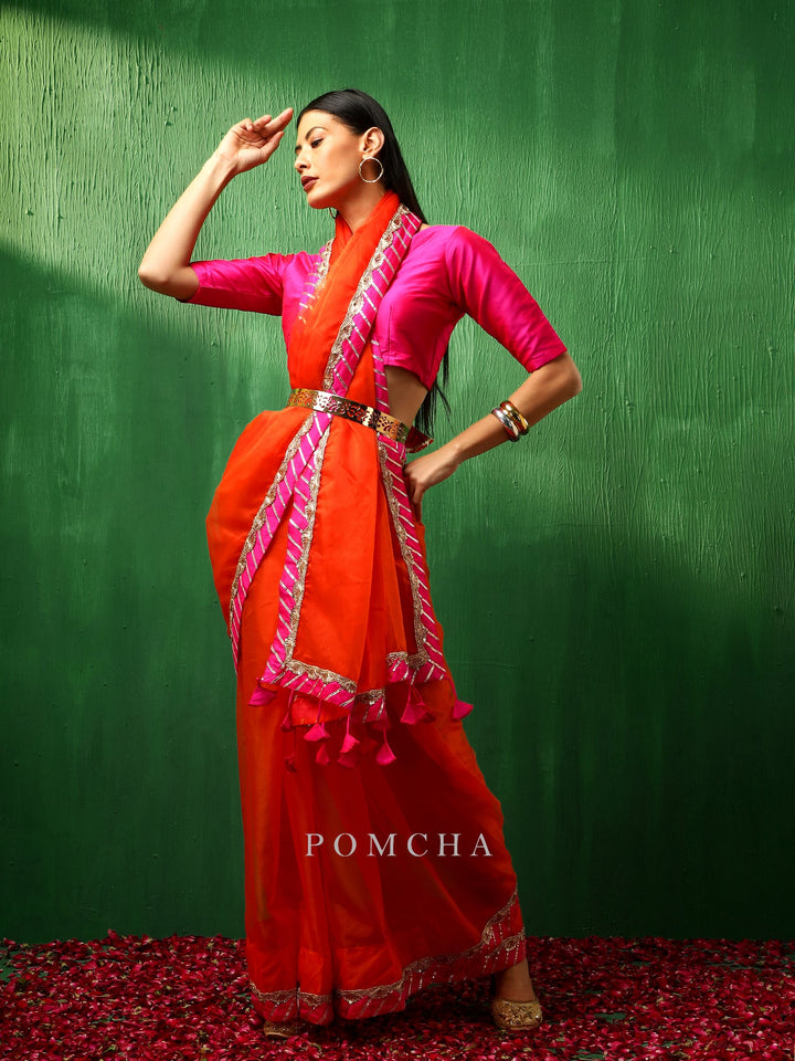 Adaa pink border | orange organza saree edition
