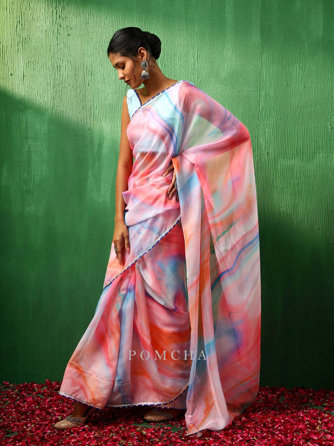 Adaa Pink Marble Print Organza Saree | Trendy Multicolor Style Statement