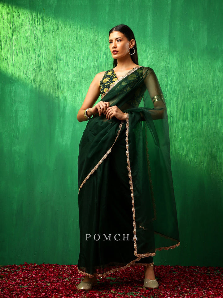 Adaa LuxuryIdika Bottle Green Organza Saree | Premium Cotton Blouse