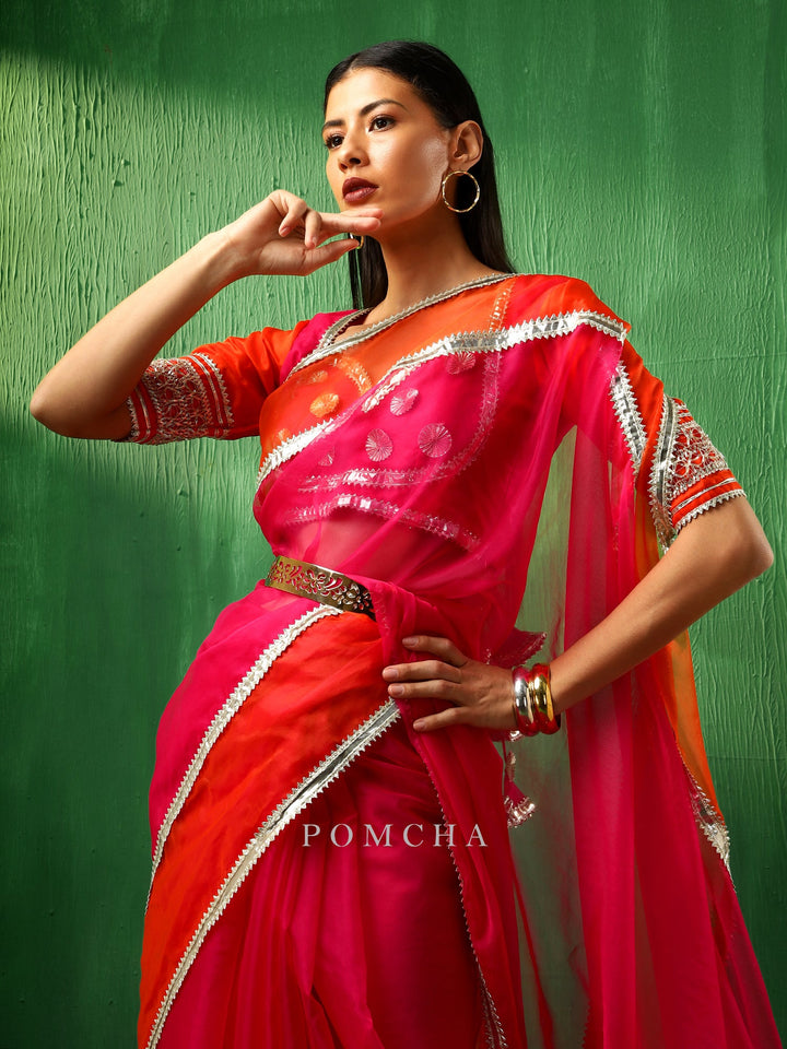 Adaa Orange Pink Double Shade Organza Saree | Stylish Silk Blouse
