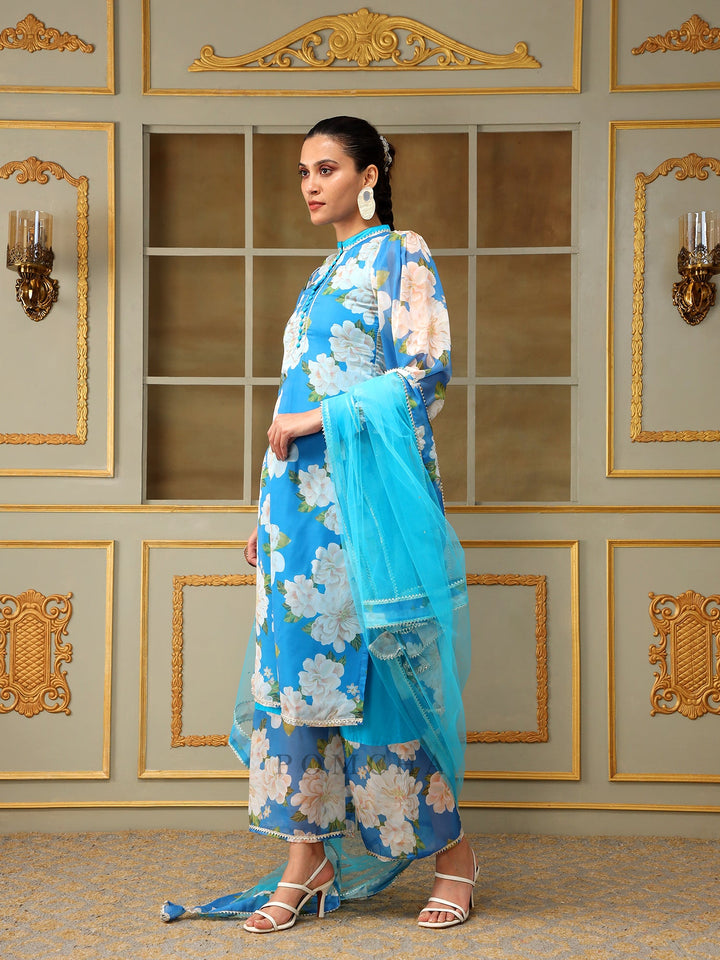 Blue Straight Salwar Suit Set | Organza Kurta Cotton Pants & Soft Net Dupatta