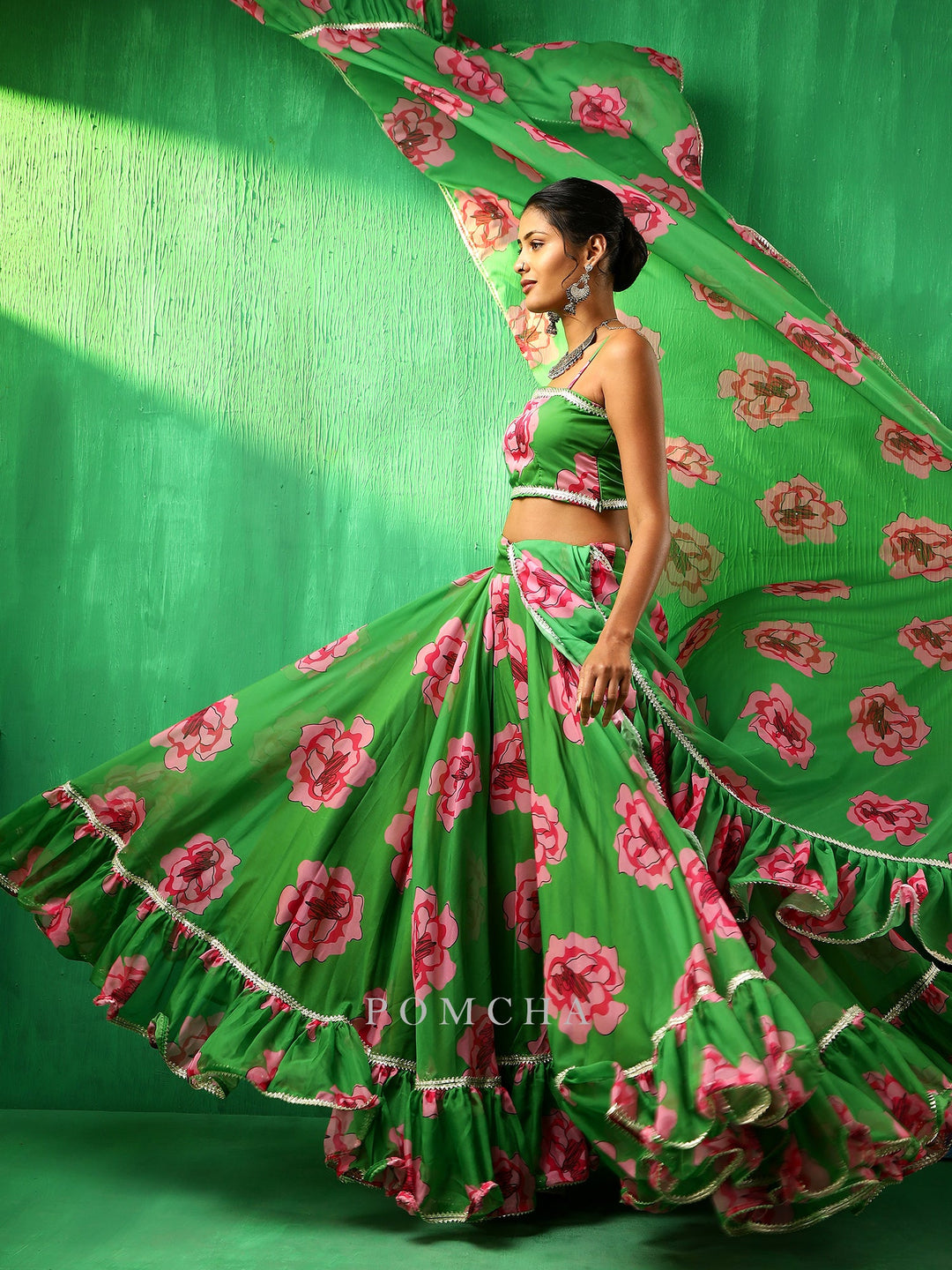 Adaa green carnation organza frill | lehenga with organza dupatta set signature design
