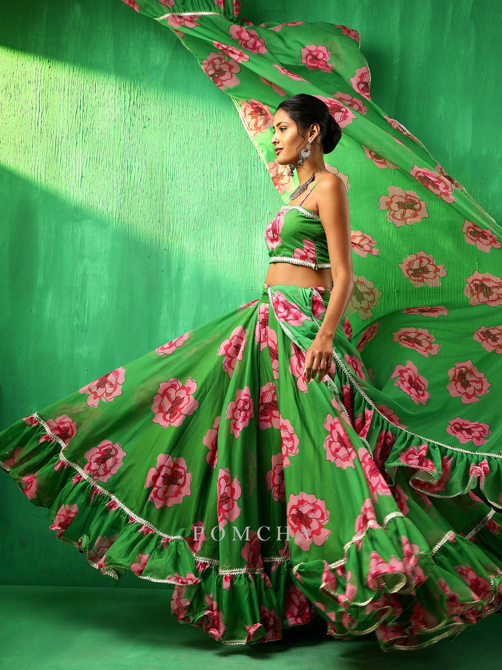 Adaa green carnation organza frill | lehenga with organza dupatta set signature design